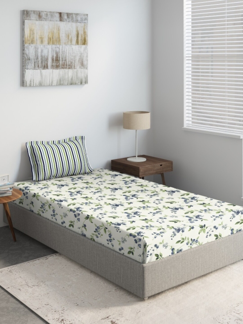 

DDecor White & Blue Floral Print Single 144 TC Bedsheet With Pillow Cover