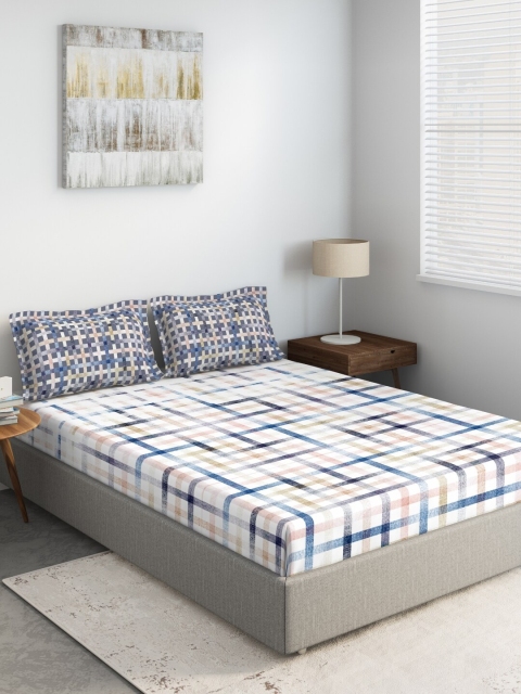

DDecor White & Blue Printed 144 TC King Bedsheet With 2 Pillow Covers