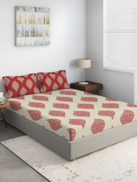 

DDecor Red & Beige Ethnic Motifs 144 TC 100% Cotton Double XL King Bedsheet with Two Pillow Covers