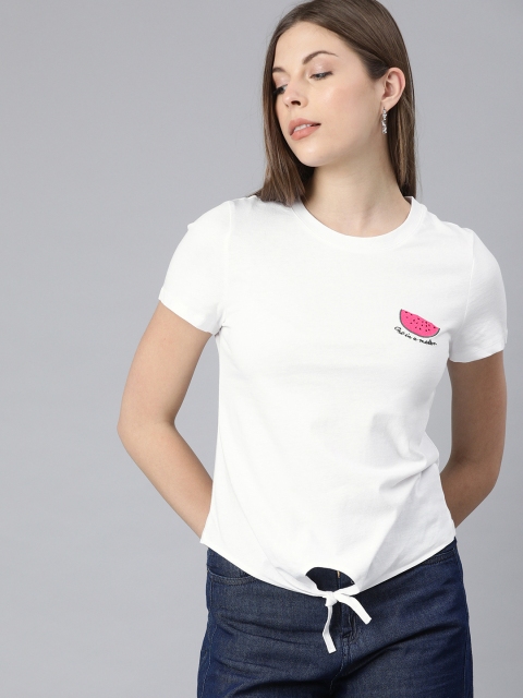 

ONLY Women White Solid Round Neck Organic Cotton T-shirt with Printed Detail