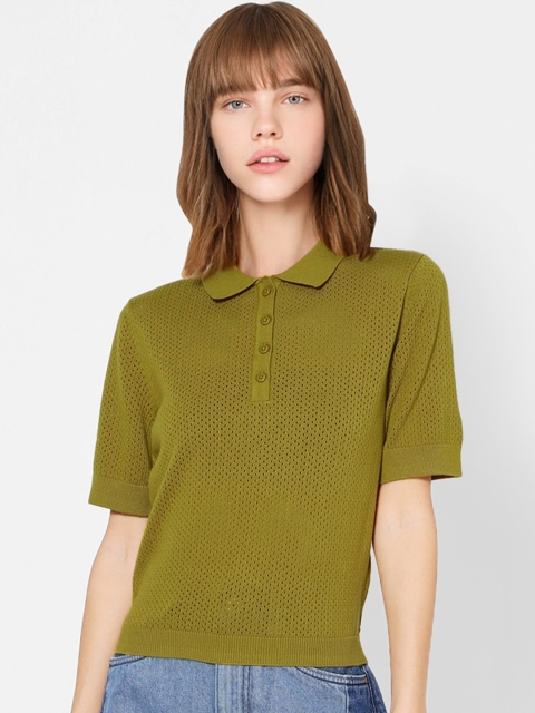 

ONLY Women Olive Green Self Design Polo Collar Pure Cotton T-shirt