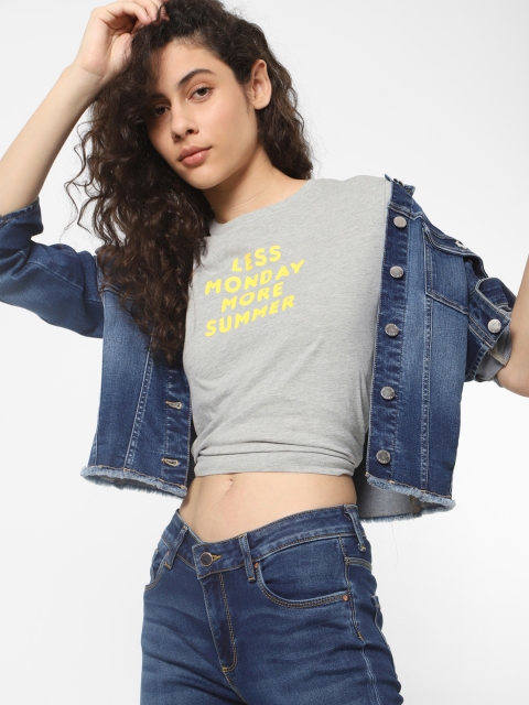 

ONLY Women Grey Melange Printed Round Neck T-shirt
