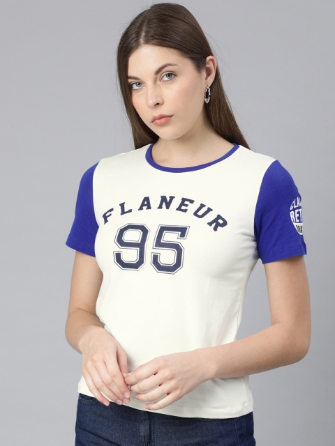 

ONLY Women Off-White Printed Round Neck T-shirt With Contrast Sleeves