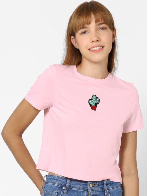 

ONLY Women Pink Solid Round Neck T-shirt with Applique Detail