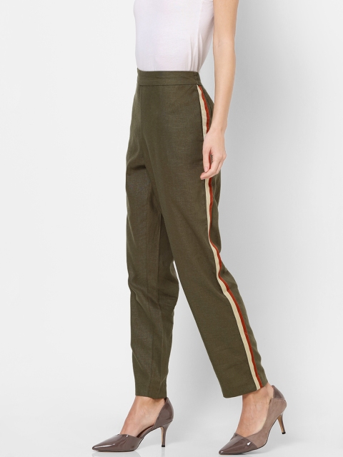 

ONLY Women Olive Green Straight Fit Solid Regular Trousers with Side Stripe