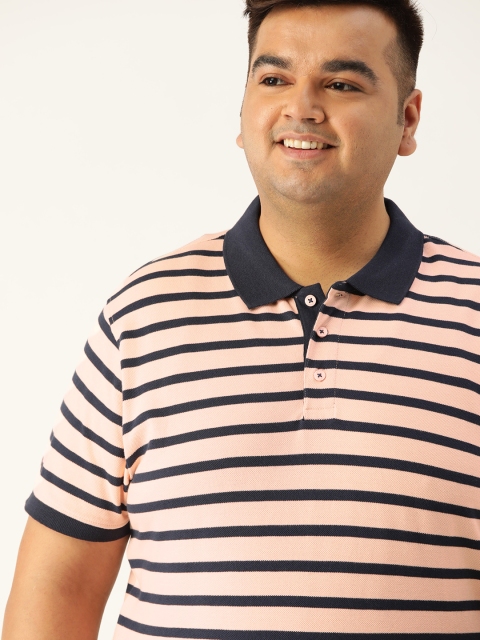 

Sztori Men Plus Size Peach-Coloured & Navy Blue Pure Cotton Yarn Dyed Striped T-shirt