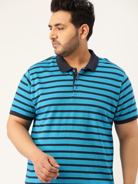 

Sztori Men Plus Size Blue Pure Cotton Yarn Dyed Striped Polo Collar T-shirt