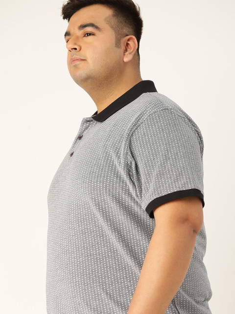 

Sztori Men Plus Size Grey and White Printed Pure Cotton Polo Collar T-Shirt