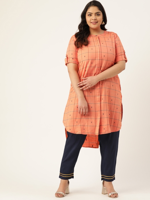 

Sztori Women Plus Size Peach-Coloured Checked High-Low Kurta
