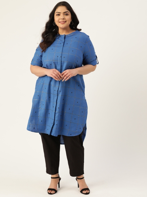 

Sztori Women Plus Size Blue & Black Checked High-Low Hem Kurta