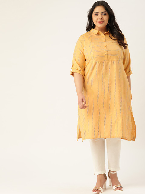 

Sztori Plus Size Women Yellow And Black Striped Straight Kurta