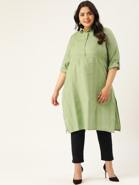 

Sztori Plus Size Women Green And Black Striped Straight Kurta