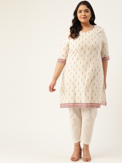 

Sztori Women Plus Size Off-White & Red Printed Pure Cotton Straight Kurta