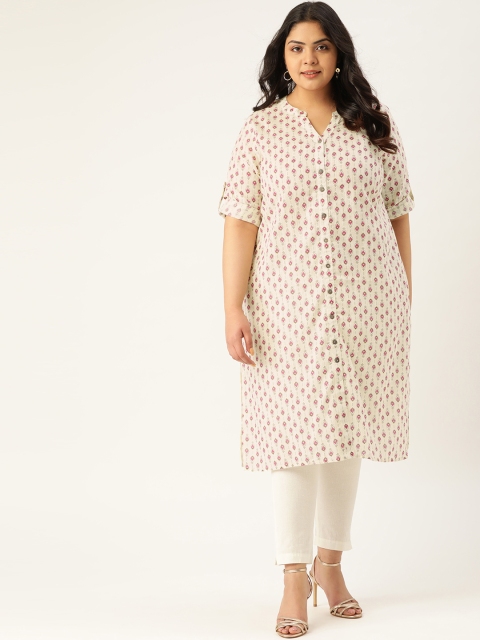 

Sztori Plus Size Women Off White And Pink Printed Straight Pure Cotton Kurta