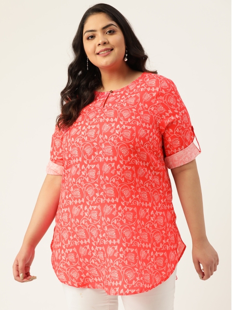 

Sztori Women Plus Size Coral Pink & White Pure Cotton Printed Kurti