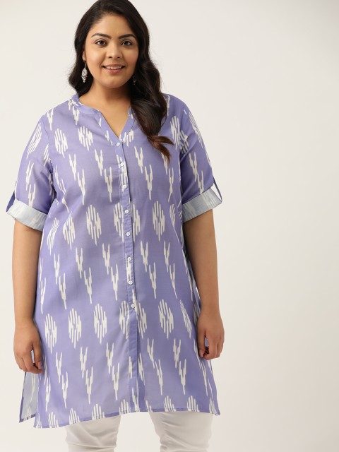

Sztori Women Plus Size Lavender & White Pure Cotton Abstract Print Straight Kurta