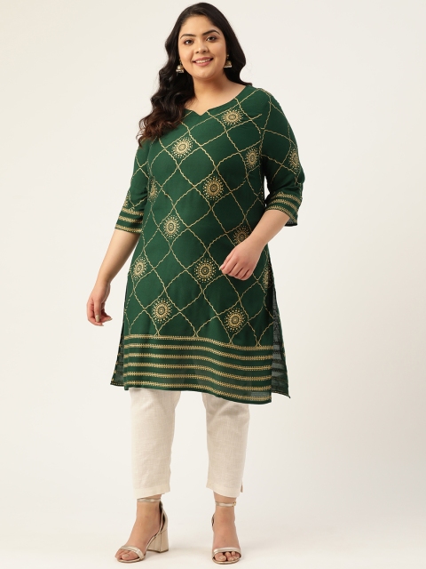 

Sztori Women Plus Size Green & Golden Printed Straight Kurta