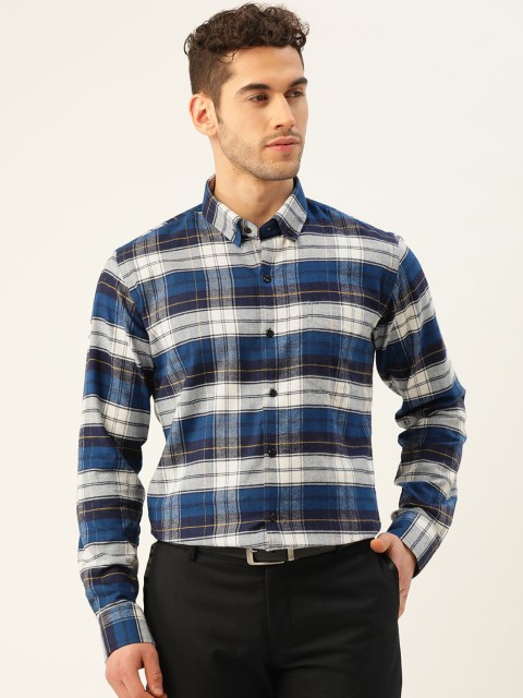 

Hancock Men Navy Blue & White Slim Fit Pure Cotton Checked Formal Shirt