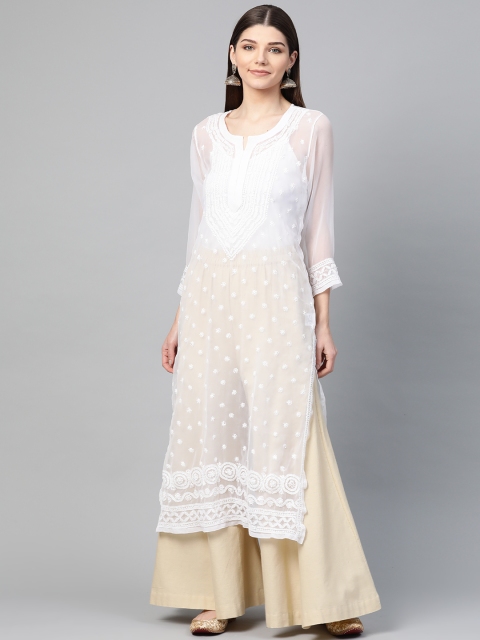 

Saadgi Women White Chikankari Embroidered Georgette Handloom Sheer Straight Kurta
