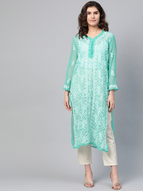 

Saadgi Women Sea Green & White Chikankari Embroidered Handloom Straight Kurta