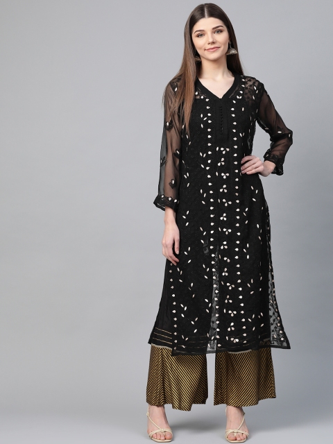 

Saadgi Women Black & Golden Sheer Chikankari Embroidered Handloom Straight Kurta