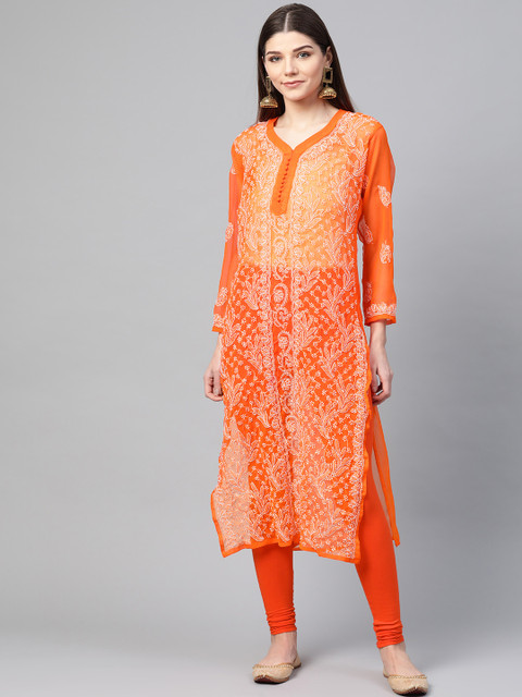 

Saadgi Women Orange & White Sheer Chikankari Embroidered Handloom Straight Kurta