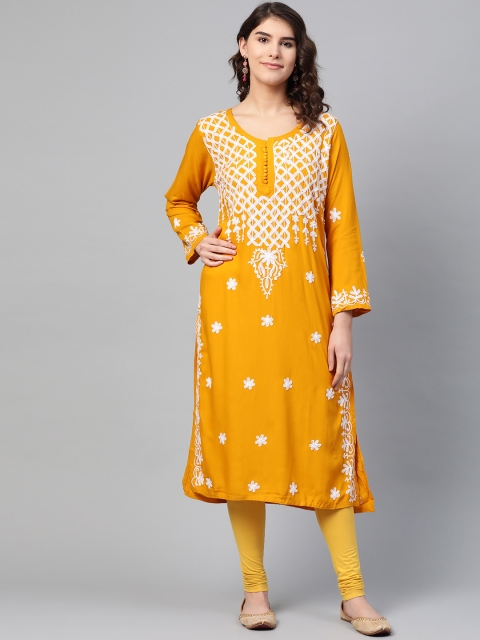 

Saadgi Women Mustard Yellow & White Aari Chikankari Embroidered Handloom Straight Kurta