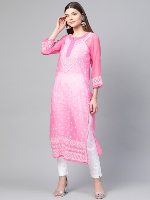 

Saadgi Women Pink & White Chikankari Embroidered Sheer Straight Kurta