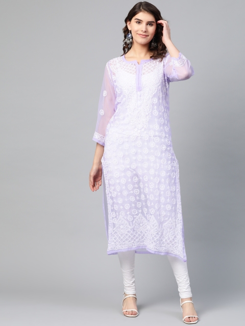 

Saadgi Women Lavender & White Handloom Georgette Chikankari Embroidered Straight Kurta