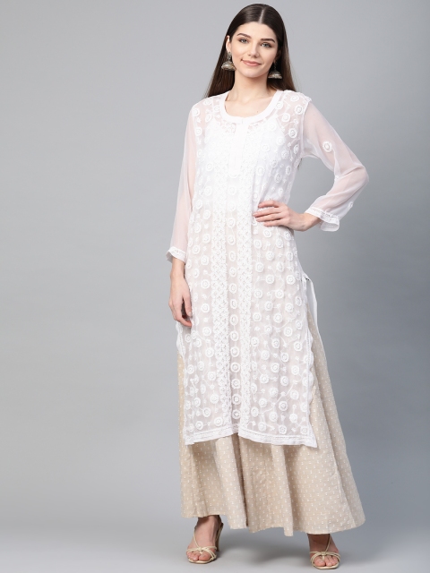 

Saadgi Women White Chikankari Embroidered Handloom Straight Kurta