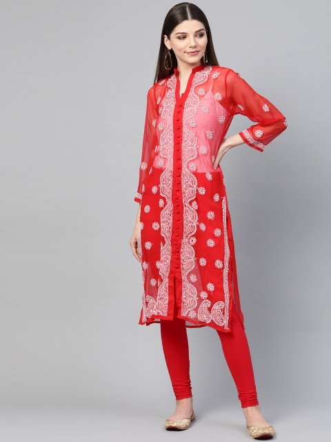 

Saadgi Women Red & White Handloom Chikankari Embroidered Straight Kurta