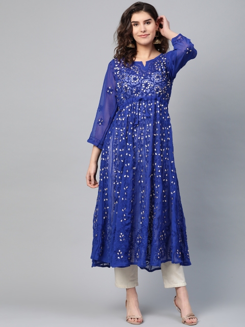 

Saadgi Women Blue & Golden Aari Embroidered Handloom Panelled A-Line Kurta