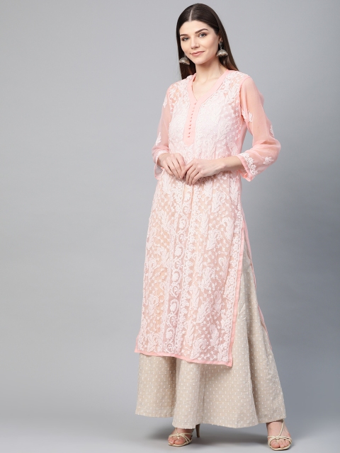 

Saadgi Women Peach-Coloured & White Chikankari Embroidered Handloom Straight Kurta