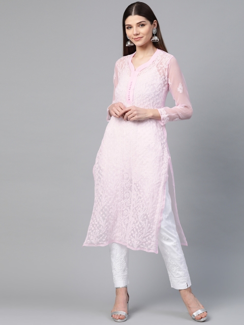 

Saadgi Women Pink & White Chikankari Embroidered Handloom Straight Kurta