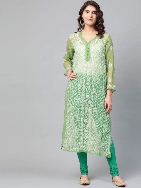 

Saadgi Women Green & White Handloom Georgette Chikankari Embroidered Straight Kurta