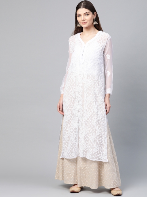 

Saadgi Women White Chikankari Embroidered Handloom Straight Kurta