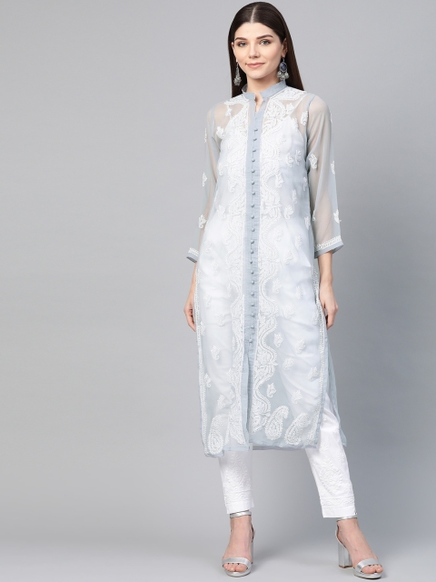 

Saadgi Women Grey & White Chikankari Embroidered Handloom Straight Kurta