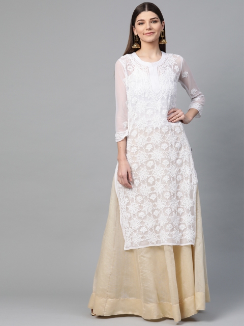 

Saadgi Women White Sheer Chikankari Embroidered Handloom Straight Kurta