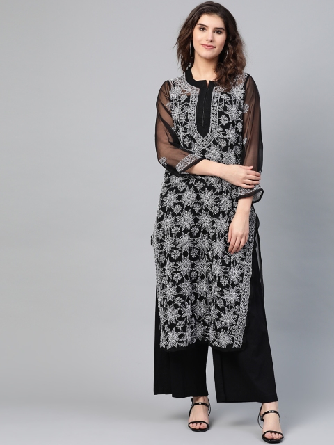 

Saadgi Women Black & White Handloom Chikankari Embroidered Straight Kurta