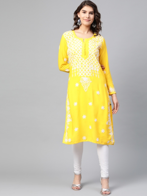 

Saadgi Women Yellow & White Chikankari Embroidered Straight Kurta