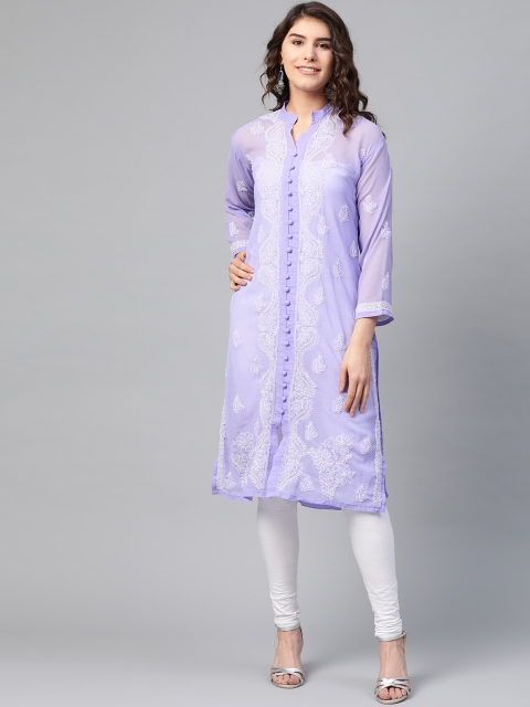 

Saadgi Women Purple & White Chikankari Embroidered Handloom Straight Kurta