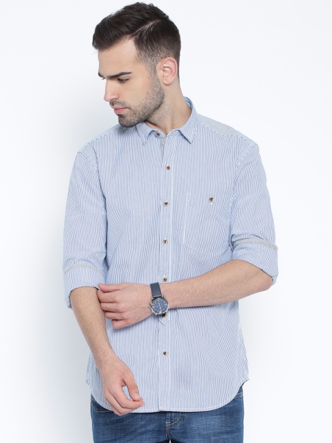 

John Players White & Navy Striped Slim Fit Casual Shirt