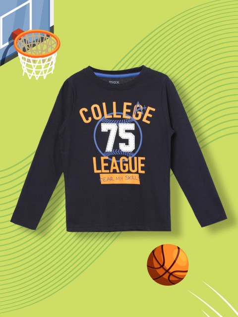 

max Boys Navy Blue Printed Round Neck Cotton Pure Cotton T-shirt