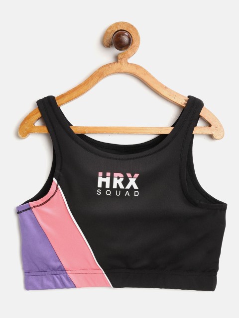 

HRX By Hrithik Roshan U-17 Girls Black, Confetti & Ultra Violet Colourblock Lycra Rapid-Dry Antimicrobial Active Sports Bra