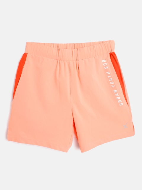 

HRX By Hrithik Roshan U-17 Girls Peach Amber Solid Regular Fit Lycra Rapid-Dry Antimicrobial Active Shorts