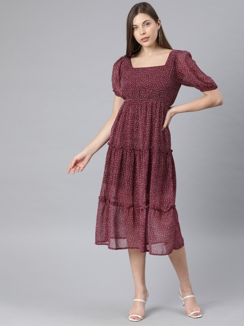 

ONLY Women Maroon & White Printed Fit and Flare Tiered Dress with Ruffles
