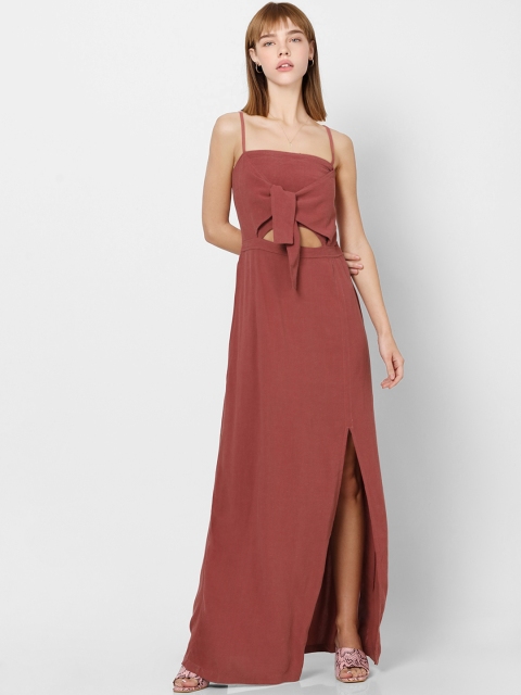 

ONLY Women Rust Red Solid Maxi Dress with High Slit & Smocking Detail