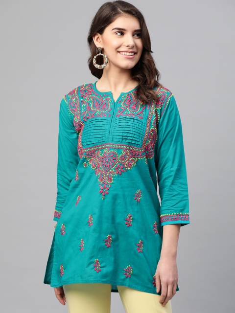 

ADA Women Green & Pink Chikankari Embroidered Pure Cotton Straight Sustainable Kurti