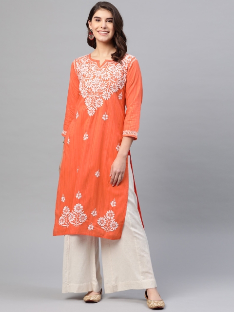 

ADA Women Coral Orange & White Chikankari Embroidered Straight Sustainable Kurta