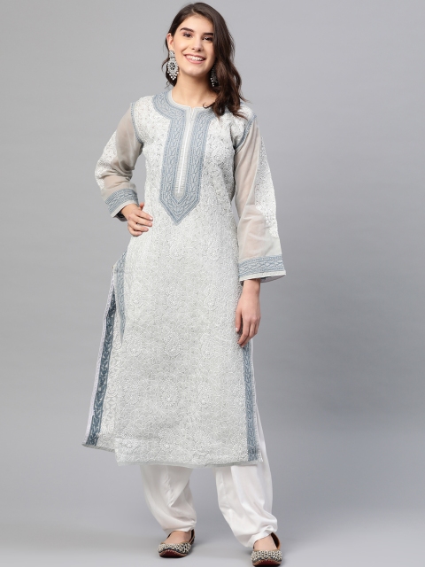 

ADA Women Grey & White Chikankari Hand Embroidered Pure Cotton Straight Kurta